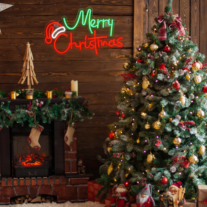 Merry Christmas Neon Sign Christmas Hat Dimmable LED Sign