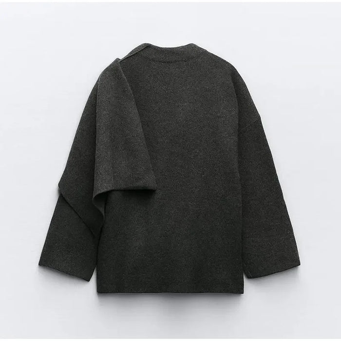 Autumn Gray Knitted Cape Coat with Scarf Women Long Sleeve Loose Cardigan