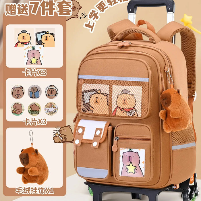 Capybara Children Cartoon School Backpack with Wheels Students Bags for Girls Boys Trolley  Schoolbag Rolling Wheeled Backpacks