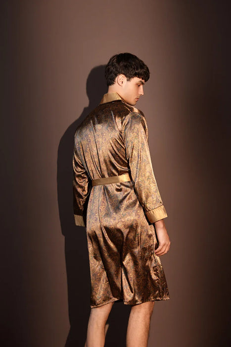 High Quality Nightrobes Men Summer Thin Bathrobe Large Size Ice Silk Printed Pajamas One-piece Robe Male Loungewear Gents Spring