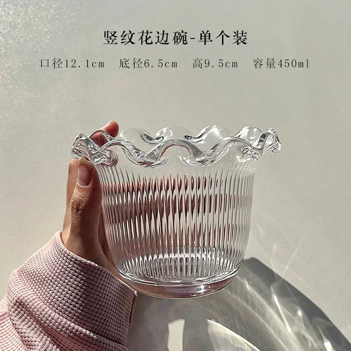 Transparent Dessert Glass Bowl Vertical Lace Fruit Salad Breakfast Bowl Syrup Dim Sum Oatmeal Bowl