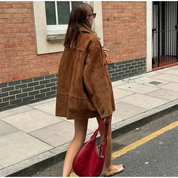 Retro Caramel Suede Leather Blazer Lapel Casual Single Breasted Loose Pocket