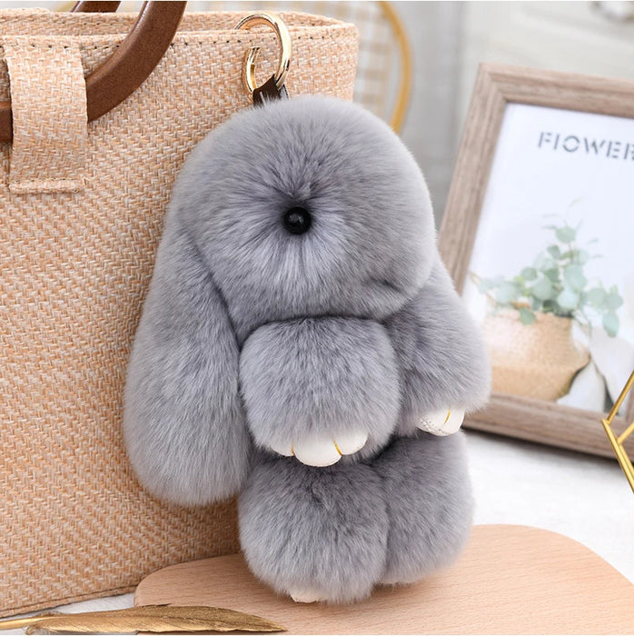 Fluffy Cute Bunny 18CM Real Fur Keychain Rex Rabbit Pom Pom Gift Toy Doll Women Bag Pendant Charm Car Key Keyring Metal ring