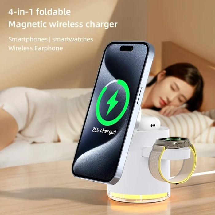 Foldable 4 in 1 Qi2 15W Magnetic Wireless Charger Fast Charging Station for Magsafe iPhone16/15/14/13/12 Apple Watch AirPods Pro