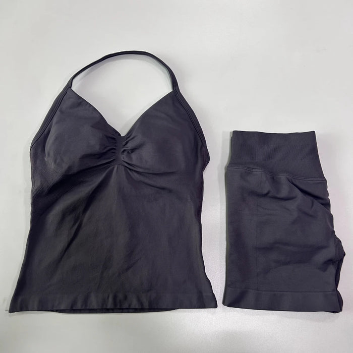 2Pcs Impact Gym Set Women Backless Tank Tops High Waist Scrunch Seamless Shorts Gym Suit Fitness Clothes Activewear Workout Sets