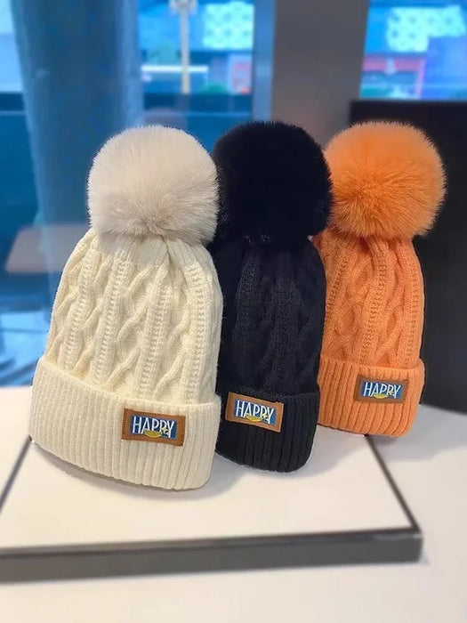 Autumn and Winter Women's Pompom Knitted Hat Women Solid Color Thicken Plush Beanie Cap Female Autumn Warm Crochet Hats