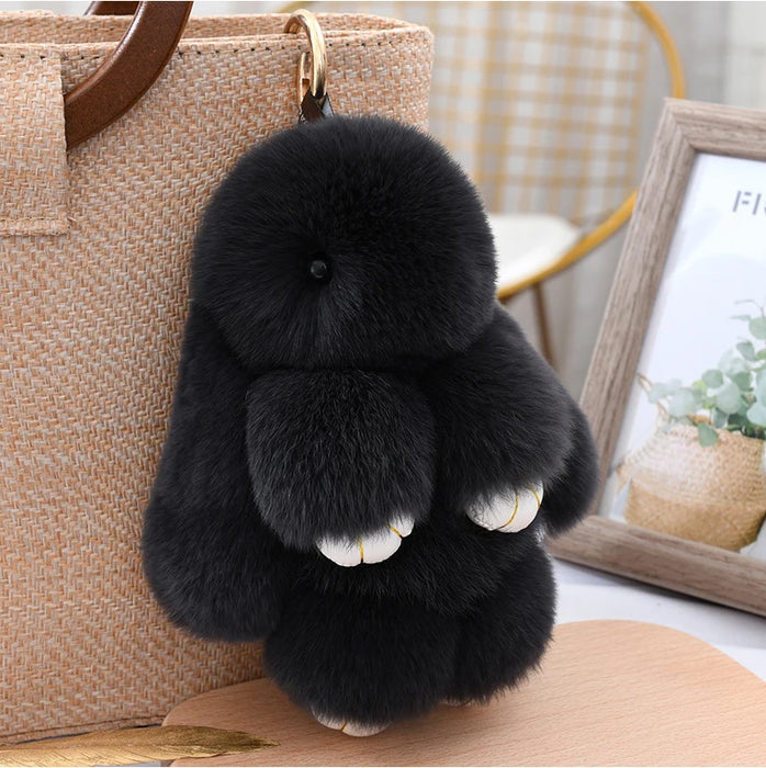 Fluffy Cute Bunny 18CM Real Fur Keychain Rex Rabbit Pom Pom Gift Toy Doll Women Bag Pendant Charm Car Key Keyring Metal ring