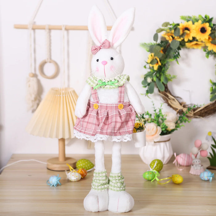 Easter Decorative Rabbit Cartoon Retractable Leg Couple Rabbit Doll Home Ornament Overalls Skirt Bunny Doll Easter Party Gifts