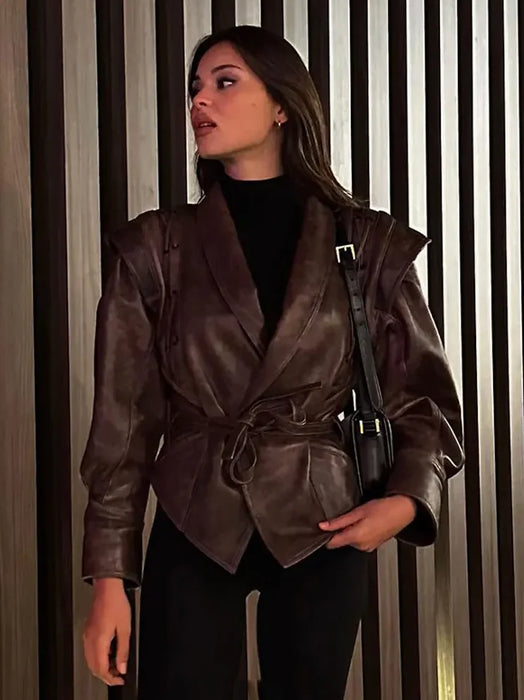 Fashion Lapel Lace Up Pu Leather Jacket Long Sleeve