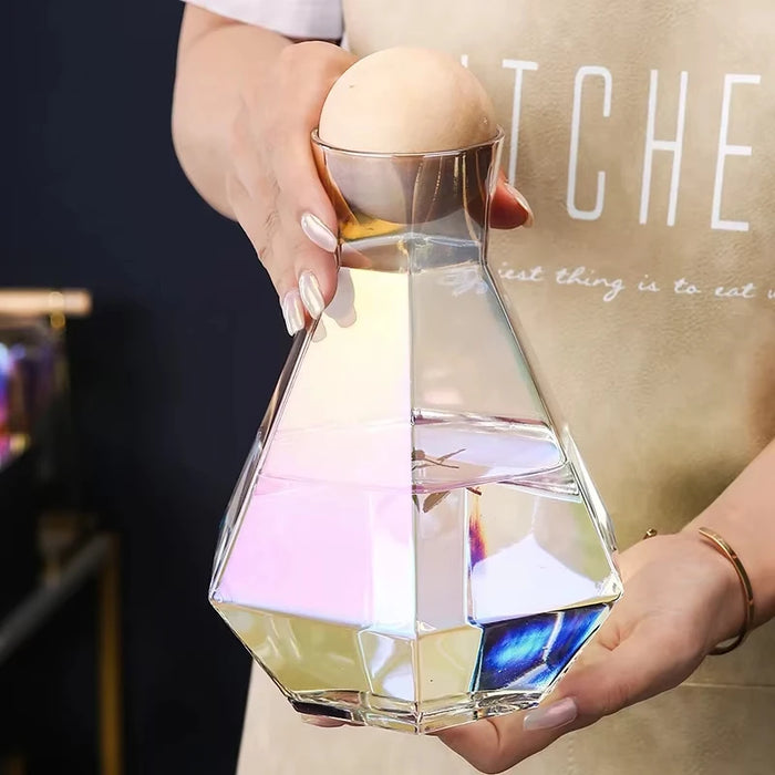 Nordic Diamond Shape Glass Water Kettle with Natural Wood Ball Lid Clear Cold Water Jug Juice Beverage Pitcher Home Drinkware