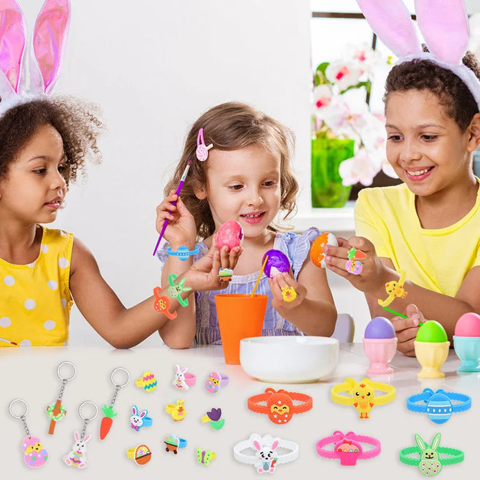 Easter Kids Gift Rabbit Eggs Bracelets Silicone Ring Keychains Happy Easter Birthday Party Favors Goodie Bag Basket Filler Toys