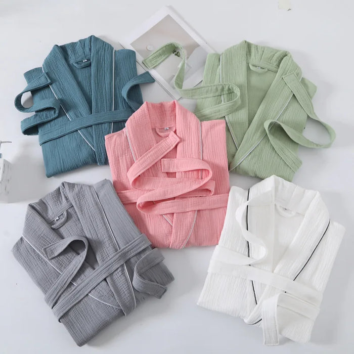 100% Cotton Double Layer Gauze Robes Women&Men Summer Thin Short Sleeves Bathrobe Nightgown Home Service Solid Hotel Bathrobe
