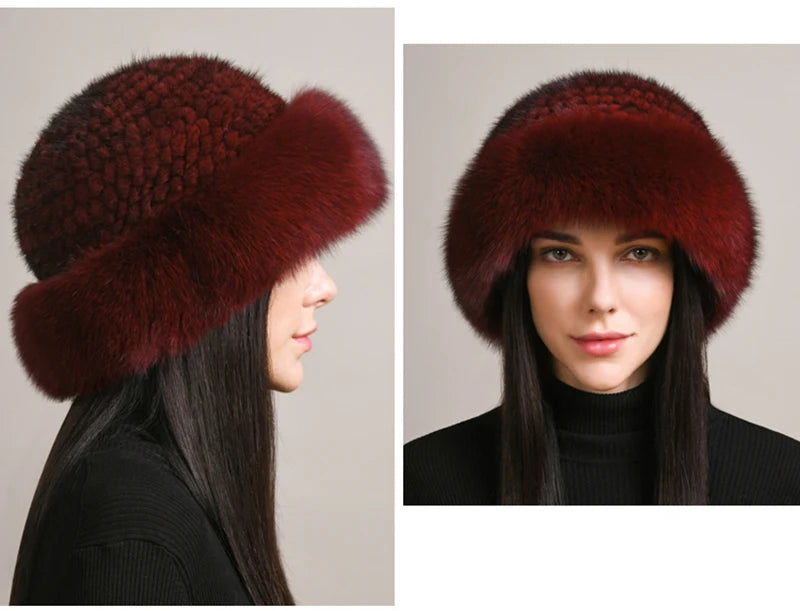 New Women Winter Luxury Knitted Real Mink Fur Bomber Hat Natural Warm Fox Fur Cap Girls Quality Soft 100% Genuine Mink Fur Hats