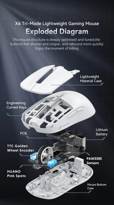 Attack Shark X6 PAW3395 Bluetooth Mouse,Tri-Mode Connection,RGB Touch Magnetic Charging Base