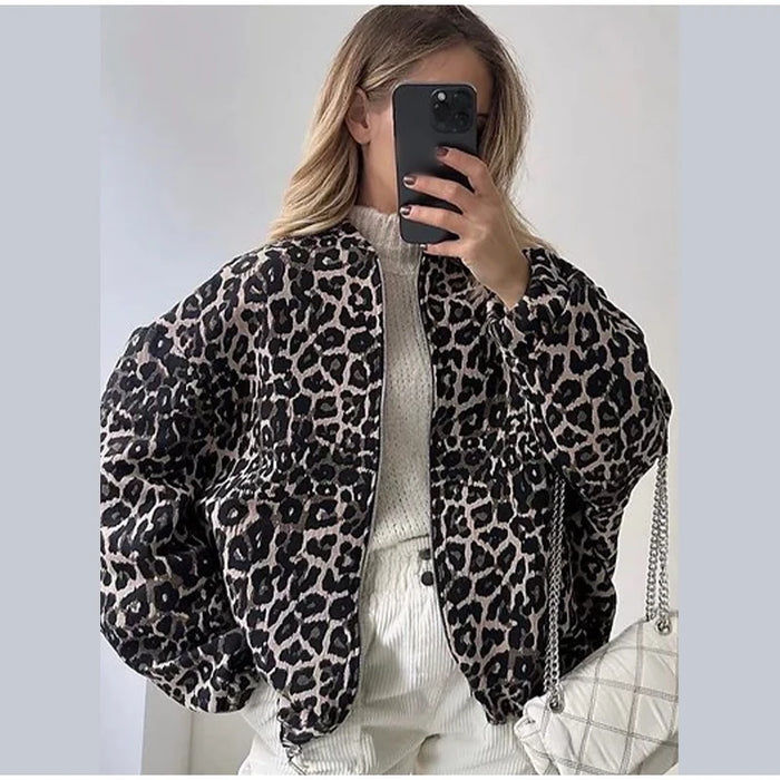 Fashion Leopard Zipper Long Sleeved Women's Jacket Retro Round Neck