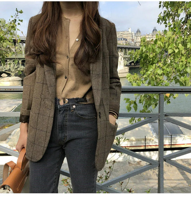 Plaid Blazer Women Jacket Korean Style Slim Long Sleeve