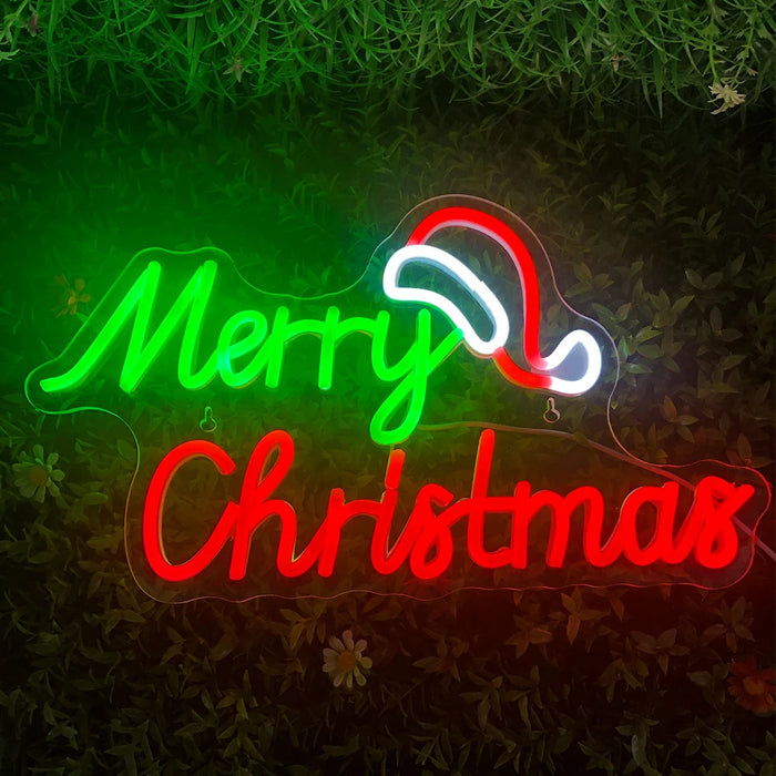 Merry Christmas Neon Sign Christmas Hat Dimmable LED Sign