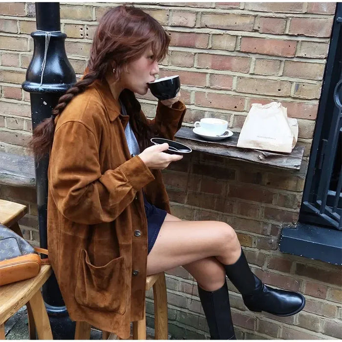 Retro Caramel Suede Leather Blazer Lapel Casual Single Breasted Loose Pocket