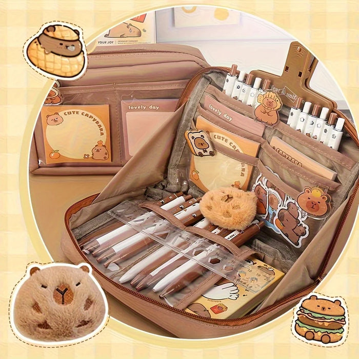 31pcs Capybara Stationery Set, Cute Capybara Pencil Case, Multi-Layer School Pencil Box with Stickers, Keychain, Brooch