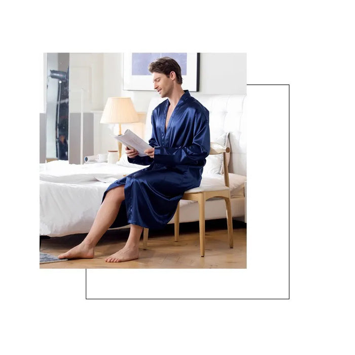 Summer New Men's Ice Silk Bathrobe Robe Men's Pop-Up Section of the Long Section of Cardigan Robe Pajamas Pajamas Home Clothing