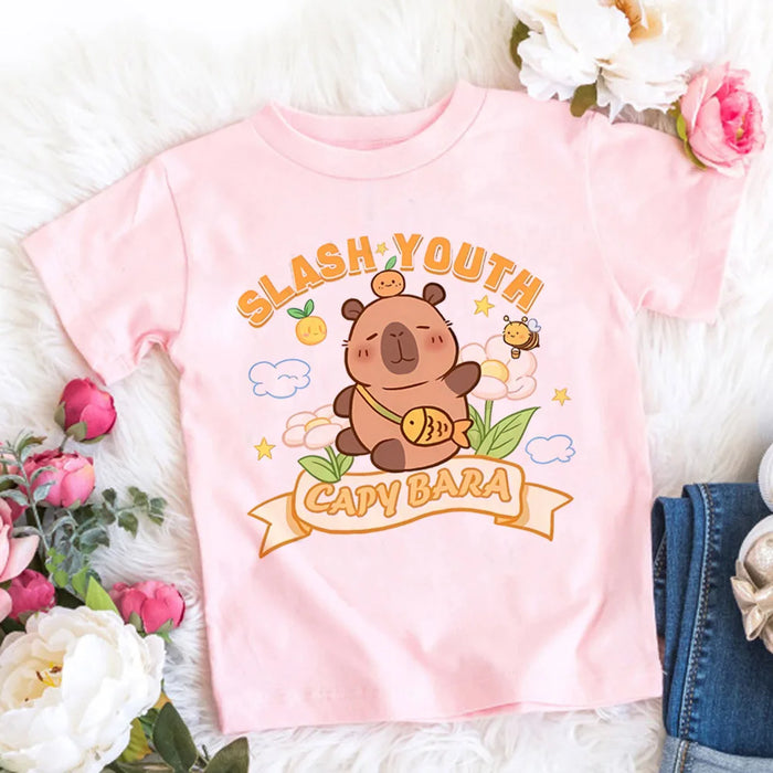 Kids Basic T-shirt Women Men Capybara Tees 3-10Years Children Short Sleeved Clothes Boys Girls Round Neck Tops Birthday Gifts