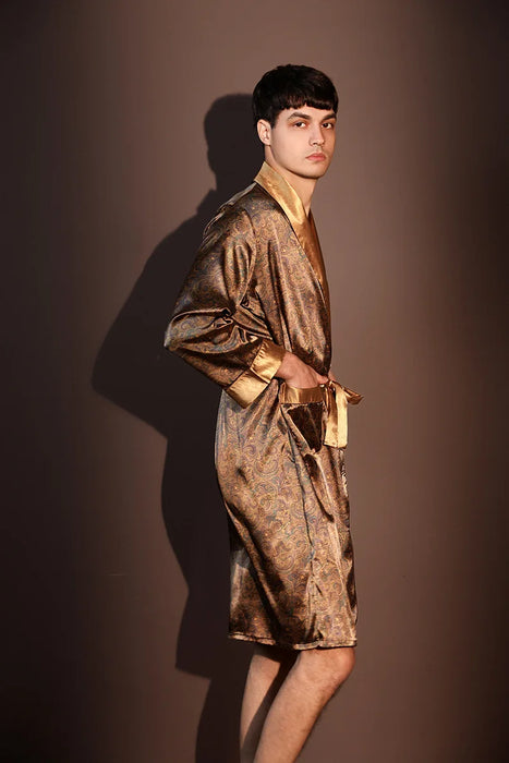 High Quality Nightrobes Men Summer Thin Bathrobe Large Size Ice Silk Printed Pajamas One-piece Robe Male Loungewear Gents Spring