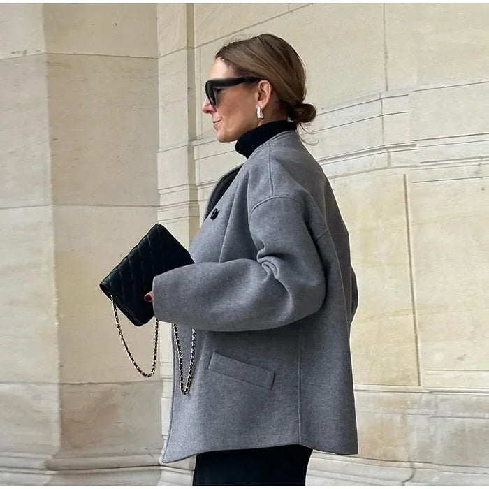 Retro Loose Casual Woolen Coats Double Breasted Stand Collar Short Jacket