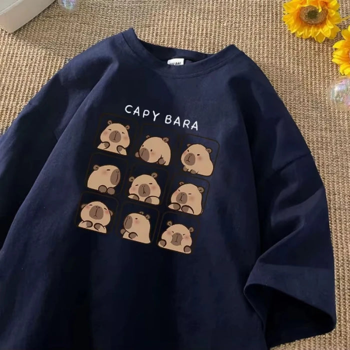 Capybara Print 100% Cotton T-shirts Women Manga Graphic Y2K Tee Harajuku Top Female Japanese Manga Designer Clothing