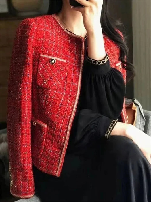 Vintage Red Tweed Coat French Vintage Loose and Versatile
