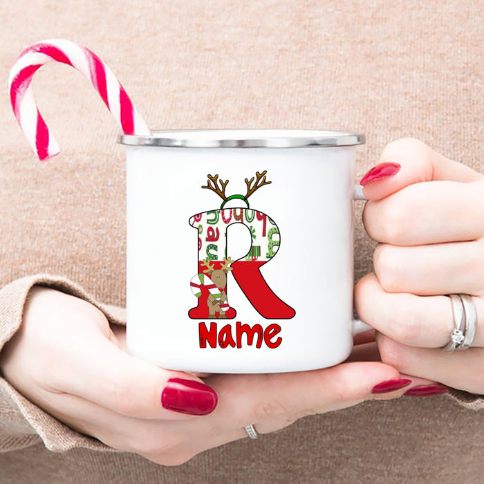 Personlized Reindeer Initial with Name Enamel Cups Christmas Hot Chocolate Mug