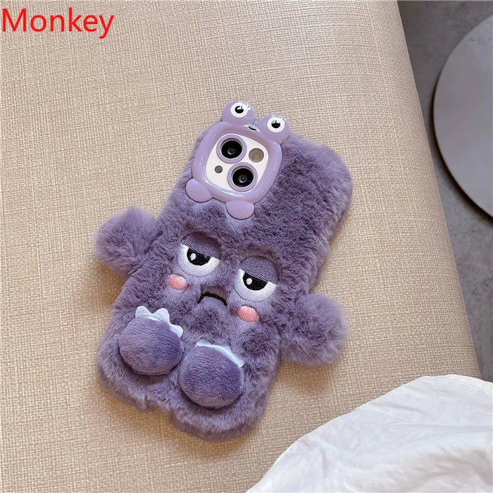 3D Cute Cartoon Funny Phone Case For iPhone 16 15 Plus 14 13 12 11 Pro Max Warm Winter Fluffy Plush Soft Bumper Protection Cover