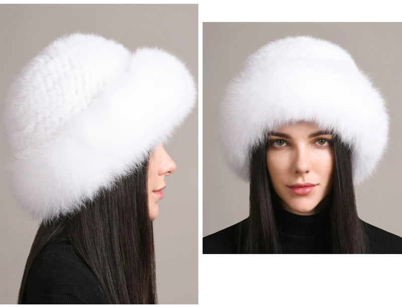 New Women Winter Luxury Knitted Real Mink Fur Bomber Hat Natural Warm Fox Fur Cap Girls Quality Soft 100% Genuine Mink Fur Hats