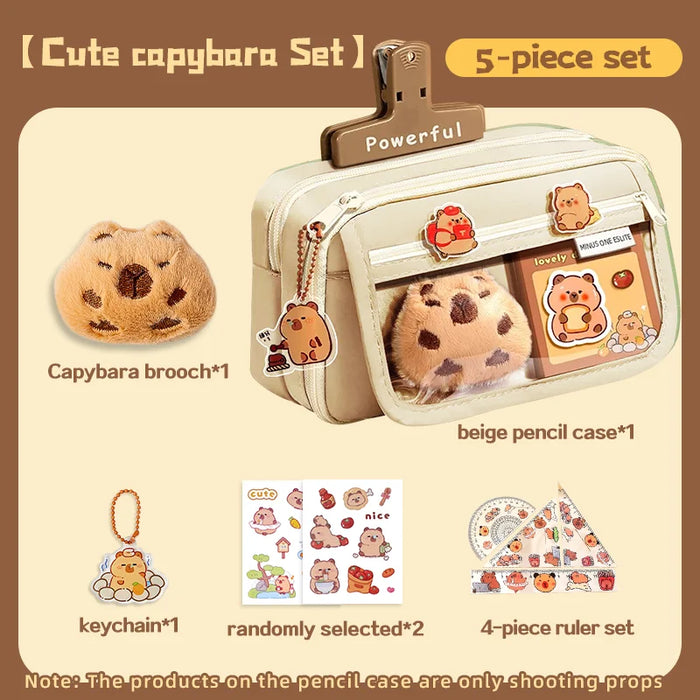 Cute capybara 8-Piece Pencil Box Set, Large Capacity Multi Layer, Canvas Bag, Stationery Storage Box, Suitable for Daily Storage