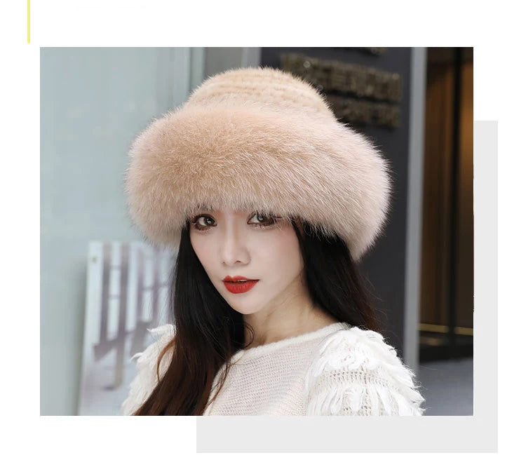 New Women Winter Luxury Knitted Real Mink Fur Bomber Hat Natural Warm Fox Fur Cap Girls Quality Soft 100% Genuine Mink Fur Hats