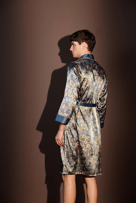 High Quality Nightrobes Men Summer Thin Bathrobe Large Size Ice Silk Printed Pajamas One-piece Robe Male Loungewear Gents Spring