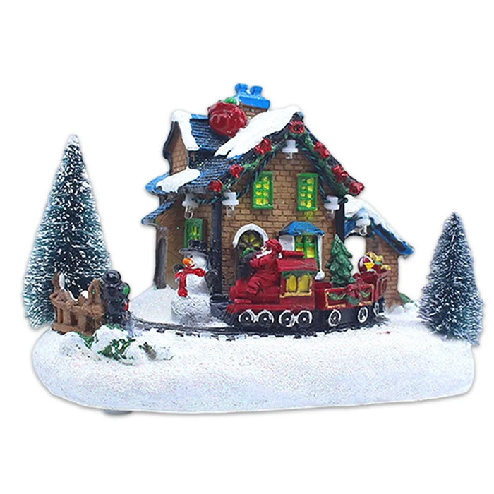 Small Train Christmas Village Figurines LED Lights Luminous Landscape Figurines