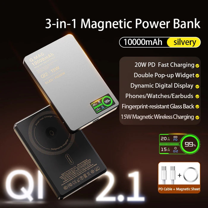 10000mAh Ultra Thin Magnetic 3 in 1 Wireless Power Bank 20W USB C Fast Charging External Battery for iPhone Airpods Apple Watch