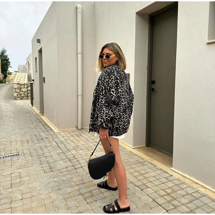 Fashion Leopard Zipper Long Sleeved Women's Jacket Retro Round Neck