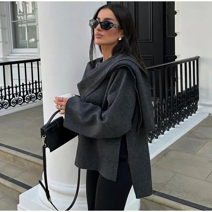 Autumn Gray Knitted Cape Coat with Scarf Women Long Sleeve Loose Cardigan