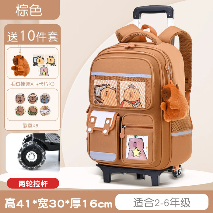 Capybara Children Cartoon School Backpack with Wheels Students Bags for Girls Boys Trolley  Schoolbag Rolling Wheeled Backpacks