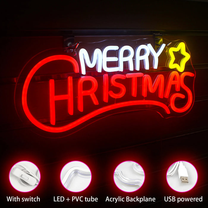 Merry Christmas Neon Sign Christmas Hat Dimmable LED Sign