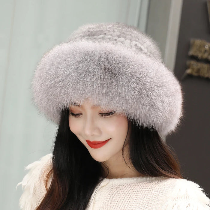 New Women Winter Luxury Knitted Real Mink Fur Bomber Hat Natural Warm Fox Fur Cap Girls Quality Soft 100% Genuine Mink Fur Hats