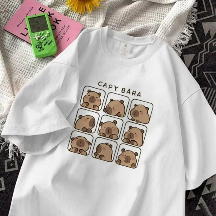 Capybara Print 100% Cotton T-shirts Women Manga Graphic Y2K Tee Harajuku Top Female Japanese Manga Designer Clothing