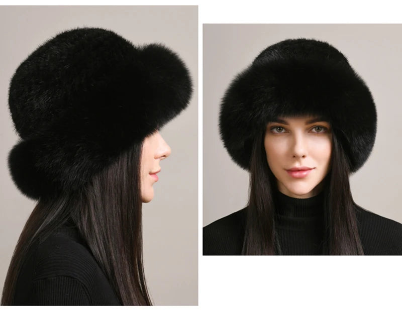 New Women Winter Luxury Knitted Real Mink Fur Bomber Hat Natural Warm Fox Fur Cap Girls Quality Soft 100% Genuine Mink Fur Hats