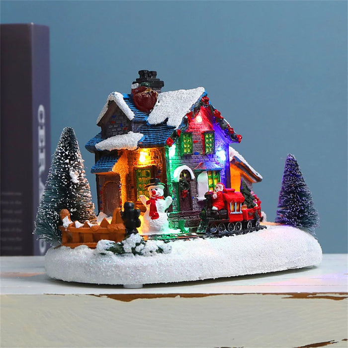 Small Train Christmas Village Figurines LED Lights Luminous Landscape Figurines