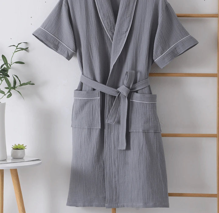 100% Cotton Double Layer Gauze Robes Women&Men Summer Thin Short Sleeves Bathrobe Nightgown Home Service Solid Hotel Bathrobe