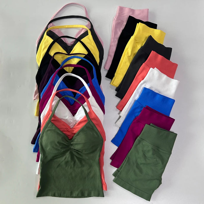 2Pcs Impact Gym Set Women Backless Tank Tops High Waist Scrunch Seamless Shorts Gym Suit Fitness Clothes Activewear Workout Sets