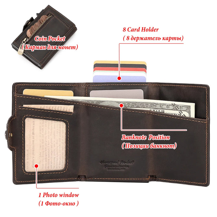 Genuine Leather Men's Short Wallet Small Mini Money Clip RFID BLocking Credit Automatic  Card Holder with Free Engraving Service