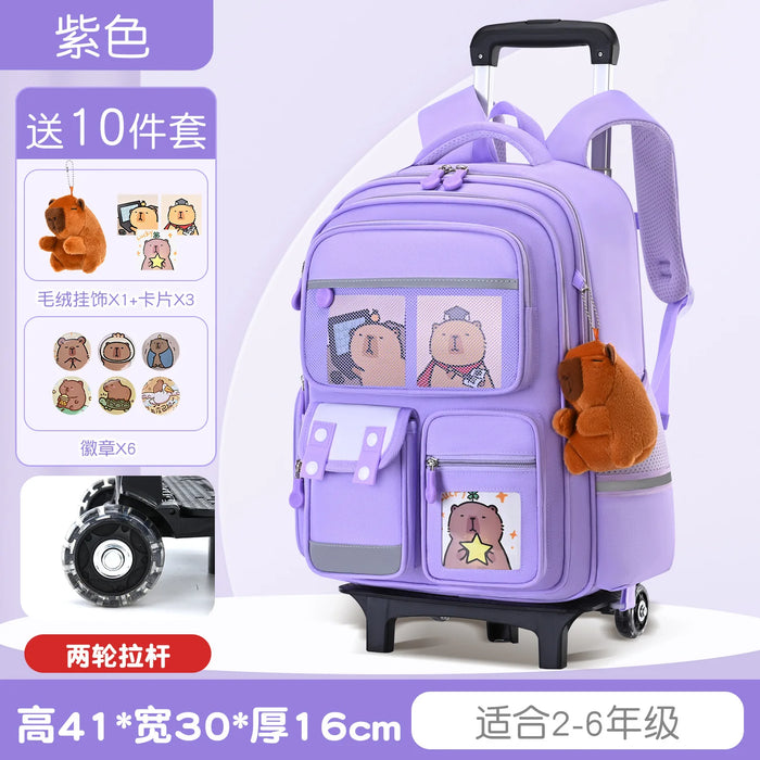 Capybara Children Cartoon School Backpack with Wheels Students Bags for Girls Boys Trolley  Schoolbag Rolling Wheeled Backpacks