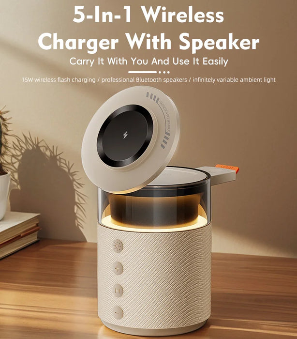 5-in-1 Magnetic Wireless Charging Station with Wireless Speaker & Night Light, Fast Charger for iPhone iWatch AirPods Series